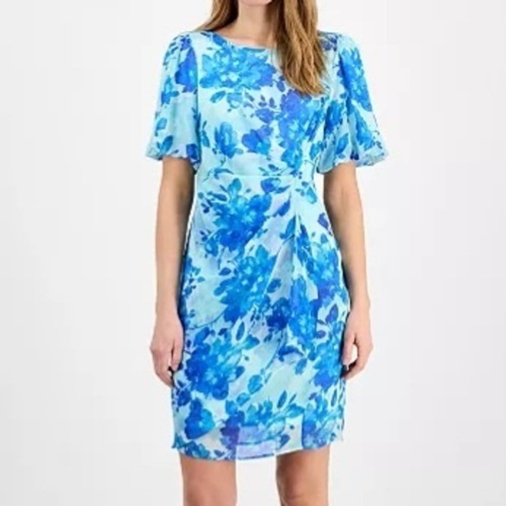 Connected Apparel Floral Print Chiffon Short Sleeve Blue Dress Womens Size 12
